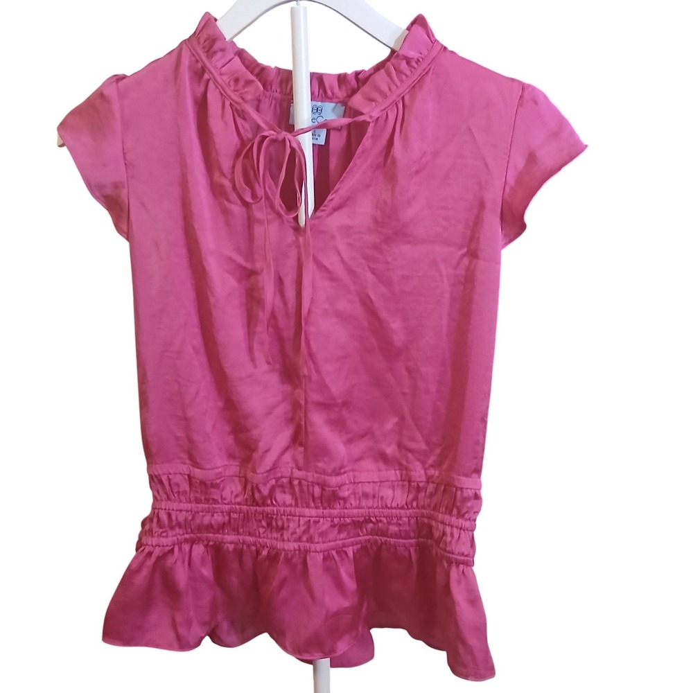 CeCe Womens Magenta Satin Smocked Peplum Blouse Ruffle Flutter Sleeve Pink Small